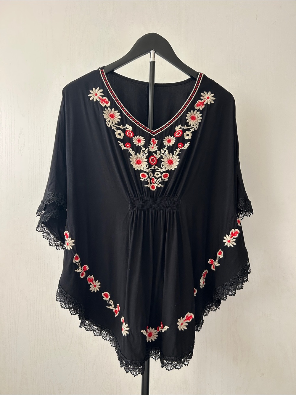 Embroidered Black Floral V-Neck Peasant Cottagecore Boho Women’s Top